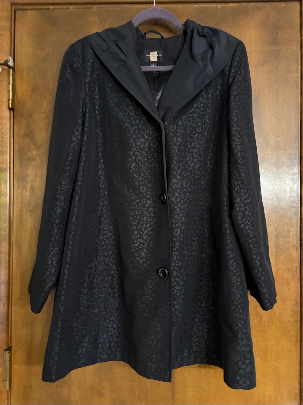 Gallery Black Hooded Trench Coat with Subtle Leopard Jacquard Large Fabulous